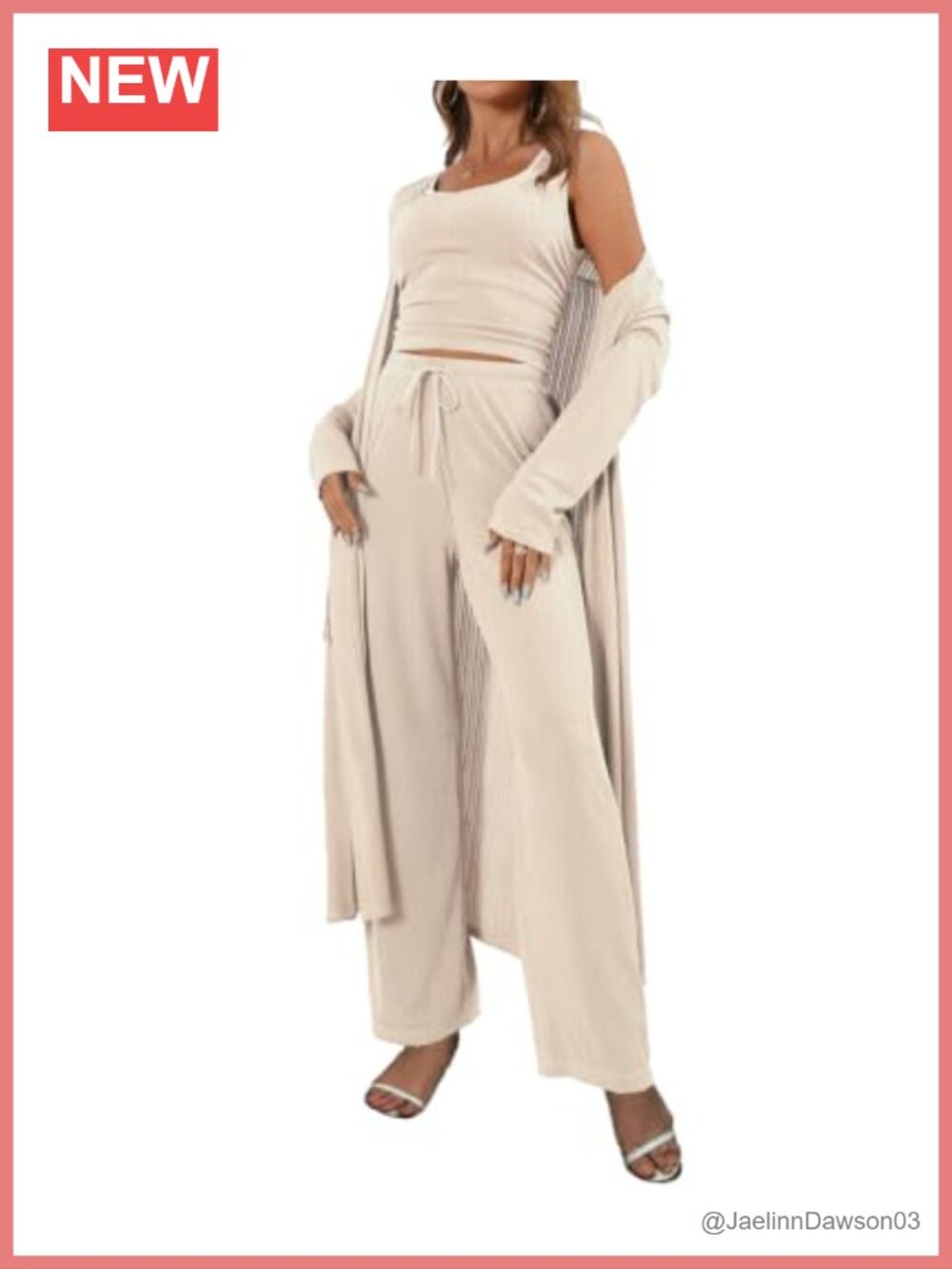 Womens 3 Piece Ribbed Knit Lounge Set Tank Cardigan Wide Leg Pants